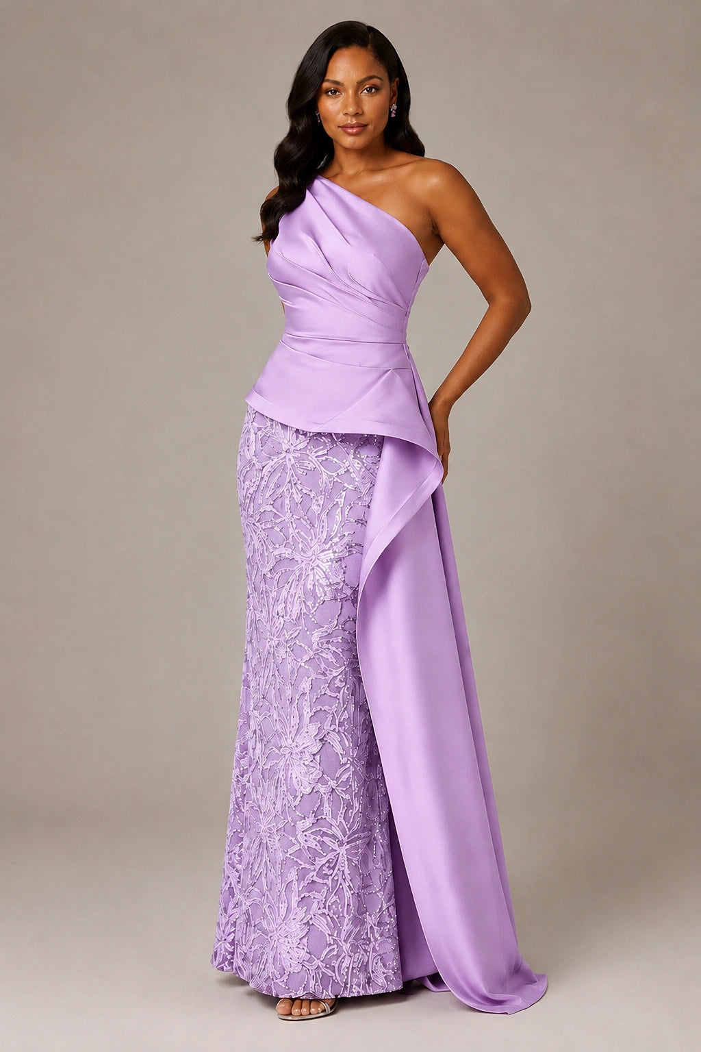 One-Shoulder Mother of the Bride Dress with Sequin Skirt and Peplum