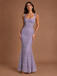 Floral Applique Mermaid Formal Dress with Lace-Up Back
