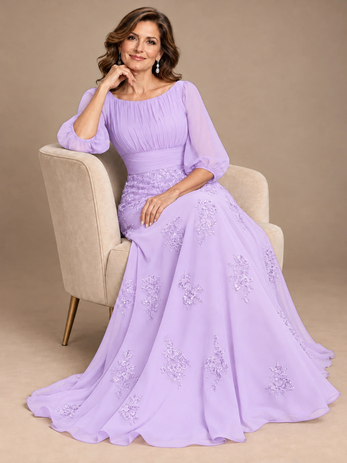 A-Line Mother of the Bride Dress with Sheer Puff Sleeves