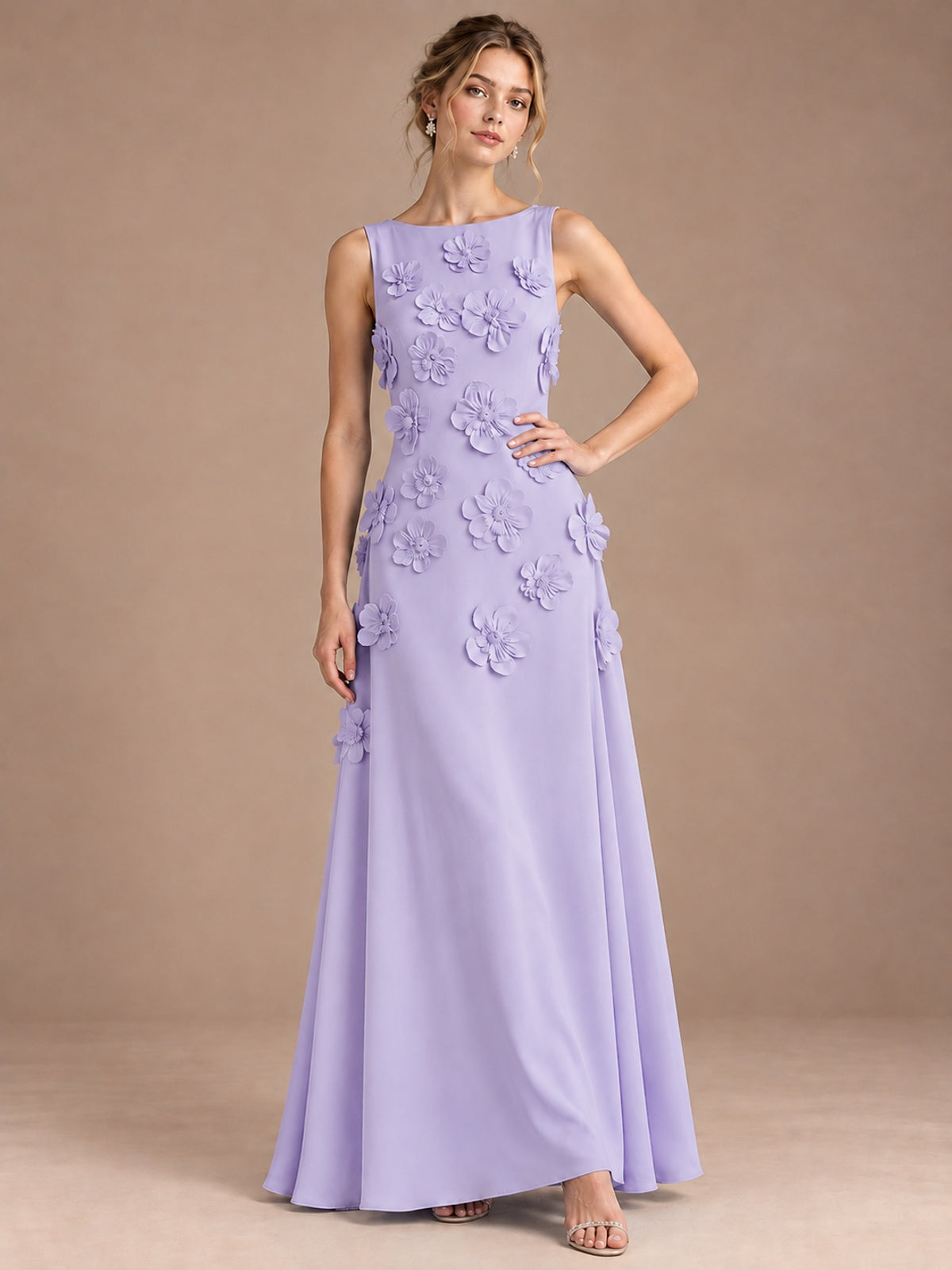 3D Floral Applique Sleeveless Formal Maxi Dress