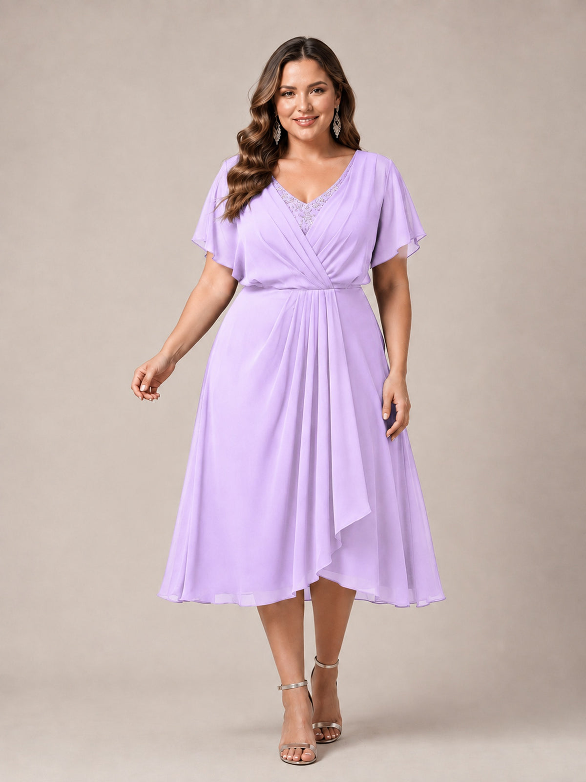 Navy Blue A-Line V-Neck Tea-Length Mother of the Bride Dress