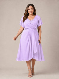 Navy Blue A-Line V-Neck Tea-Length Mother of the Bride Dress