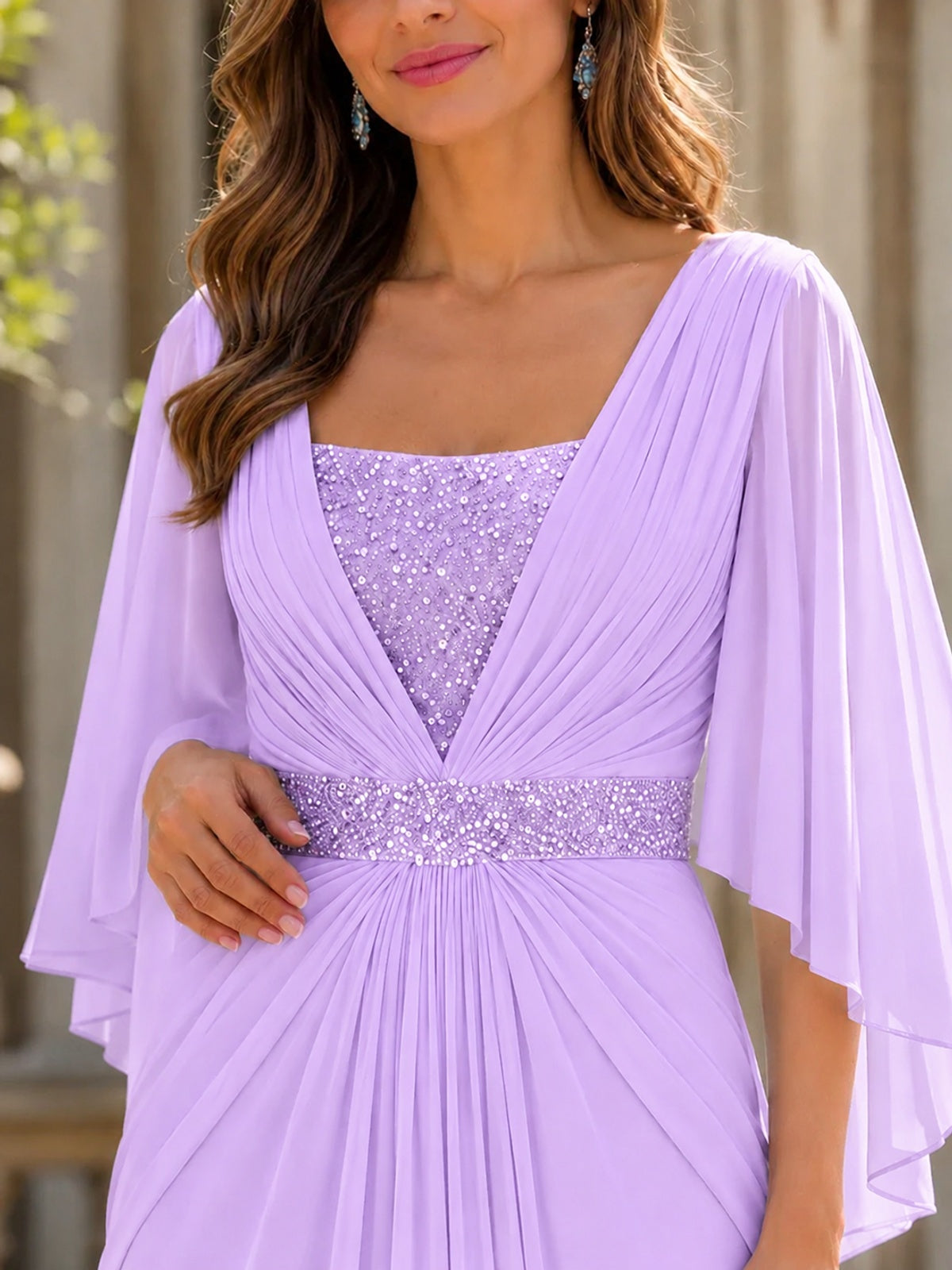 Elegant V-Neck Sequined Chiffon Mother of the Bride Dress with Flutter Sleeves