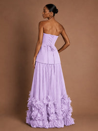 Strapless Pleated Floral Satin Formal Dress with Side Slit