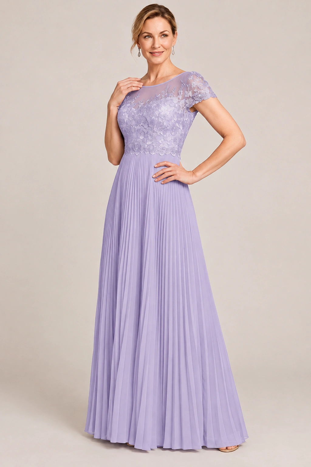 Embroidered Lace Pleated Mother of the Bride Dress