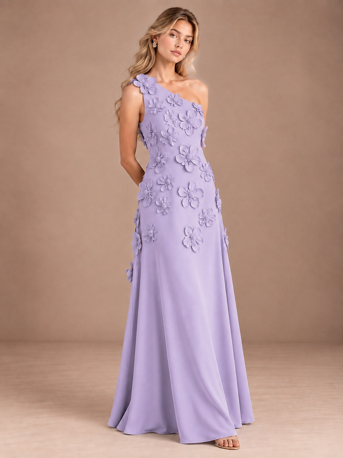 Sage Green One Shoulder Satin Formal Maxi Dress with 3D Floral