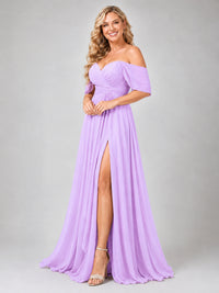 Off Shoulder Chiffon Bridesmaid Dress with Slit