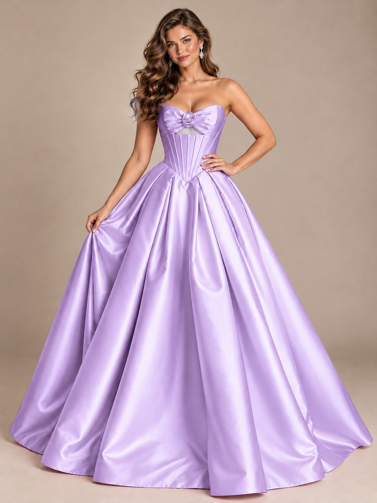 Pink Strapless Corset Satin Prom Derss & Ball Gown with 3D Floral