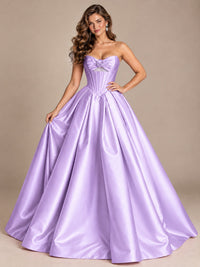 Pink Strapless Corset Satin Prom Derss & Ball Gown with 3D Floral