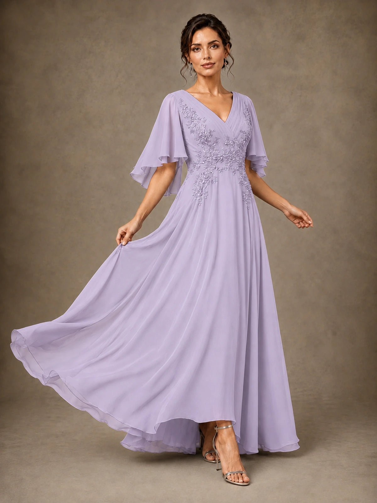 V-Neck Chiffon Lace Mother of the Bride Dress with Flutter Sleeves