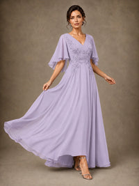 V-Neck Chiffon Lace Mother of the Bride Dress with Flutter Sleeves