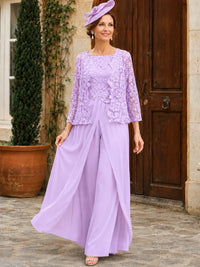 Elegant 3-Piece Chiffon Mother of the Bride Pantsuit with Floral Applique Jacket