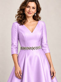 V-Neck Tea-Length Mother of the Bride Dress with Embellished Waist