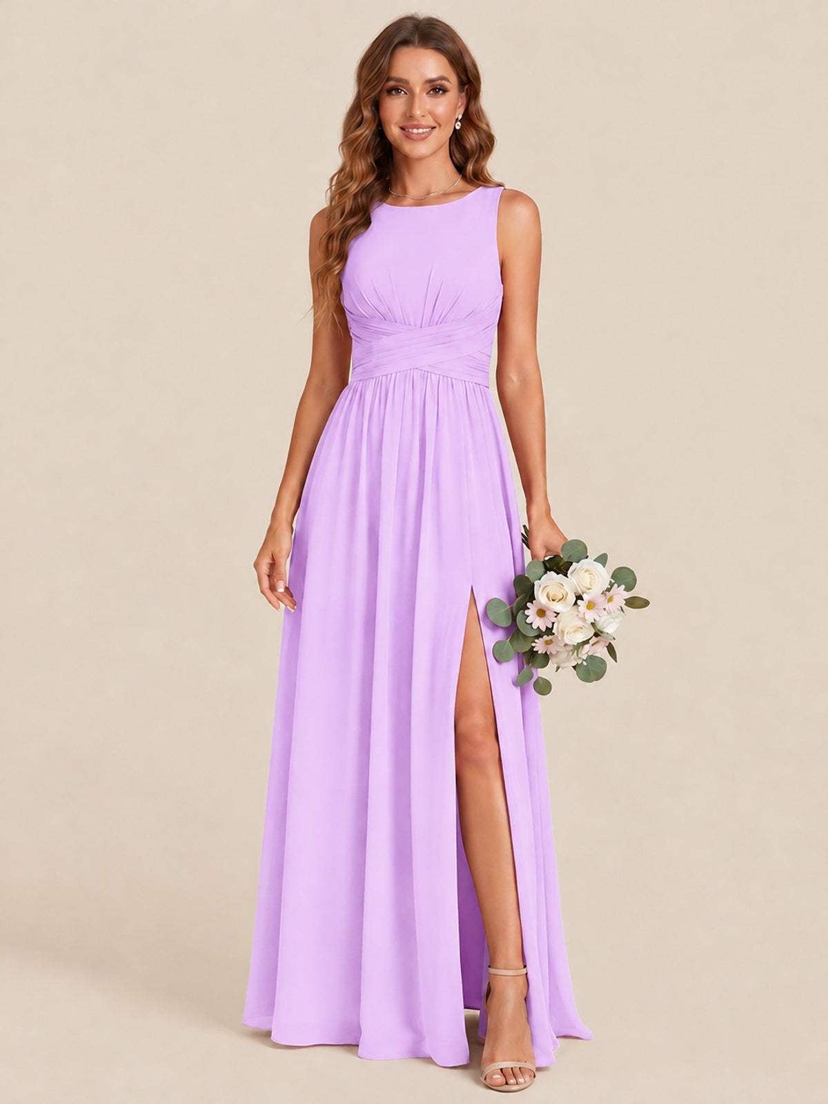 A-line Sleeveless Rucehd Chiffon Bridesmaid Dress with High Slit