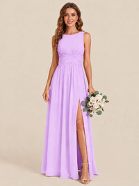 A-line Sleeveless Rucehd Chiffon Bridesmaid Dress with High Slit