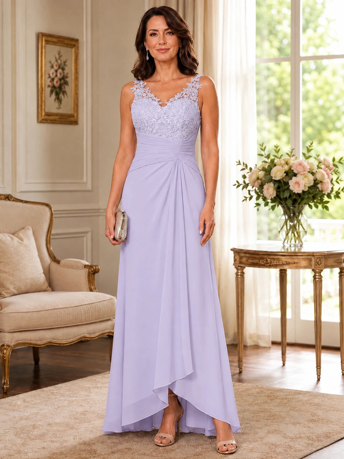 Elegant Chiffon Mother of the Bride Dress with Lace Applique and Cape Sleeves