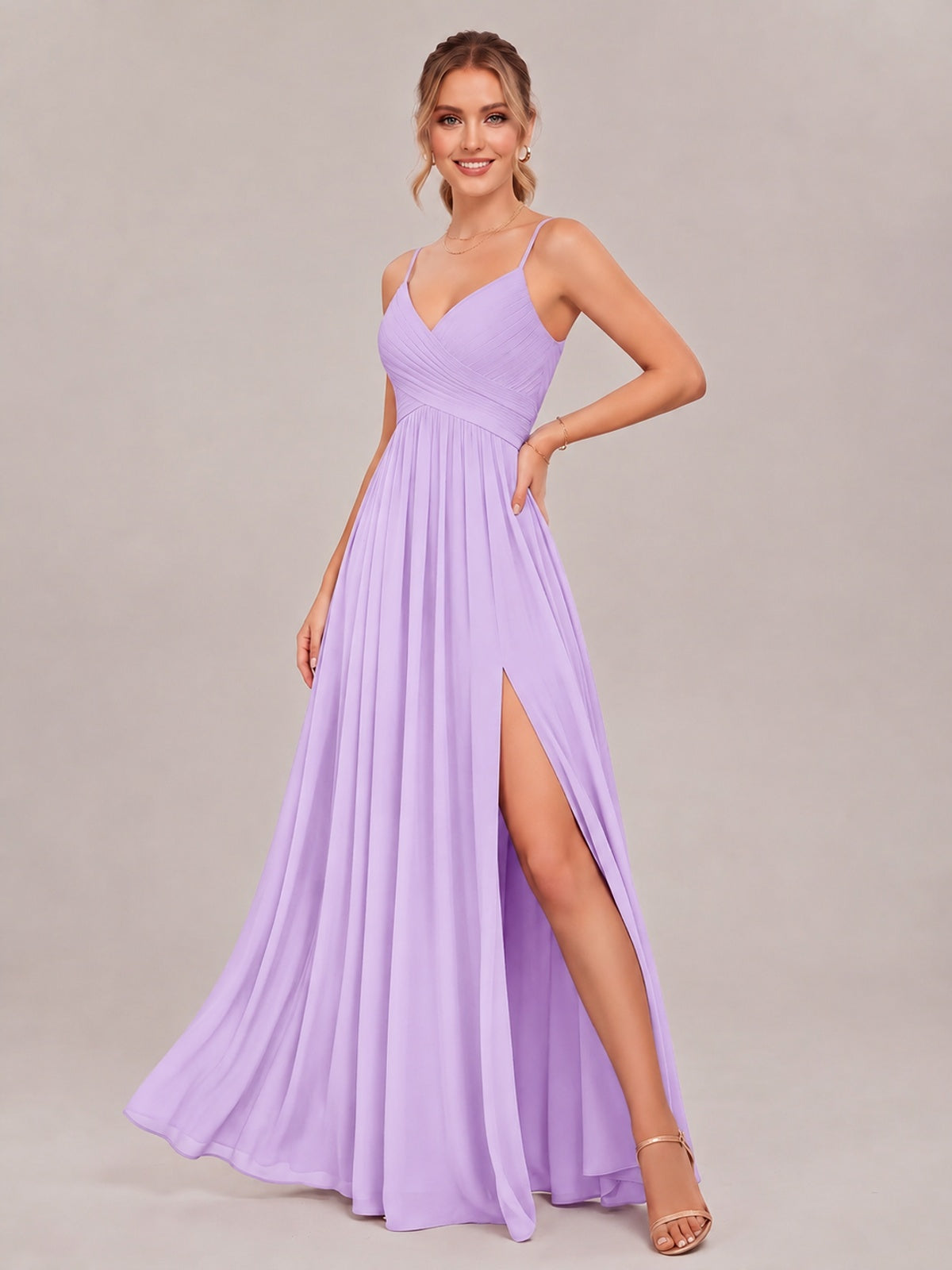 V-Neck Pleated Chiffon Long Bridesmaid Dress with Slit