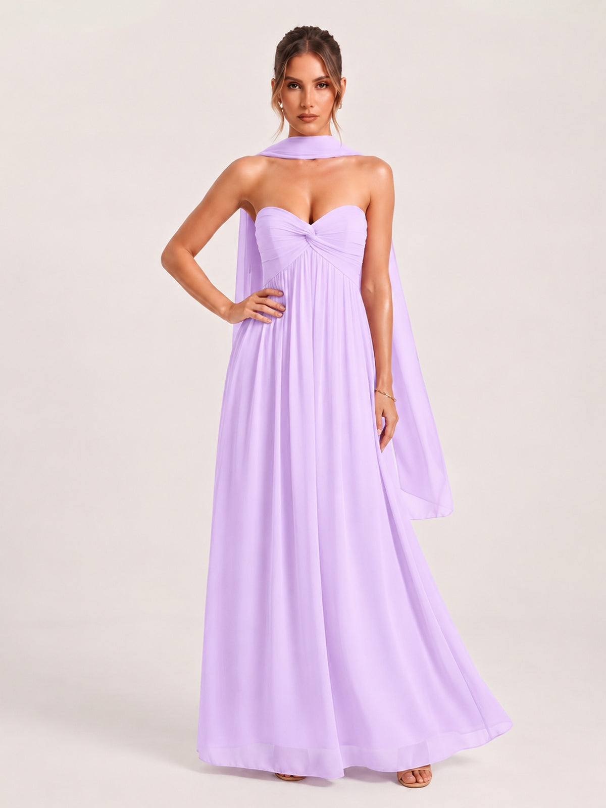Strapless Ruched Chiffon Long Prom Dress with Scarf