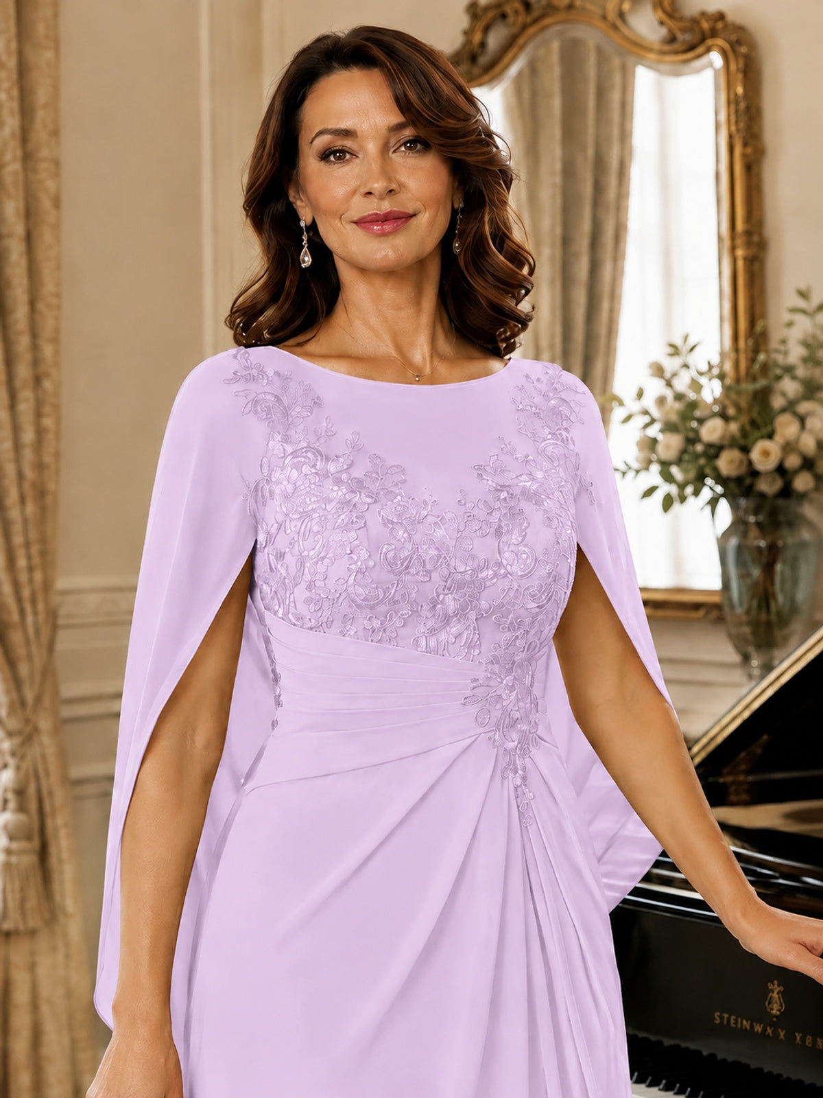 Elegant Applique Chiffon Mother of the Bride Dress with Cape Sleeves