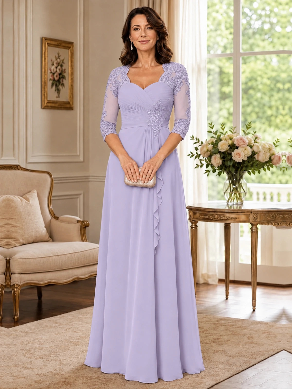 Chiffon Lace Applique Mother of the Bride Dress with 3/4 Sleeves