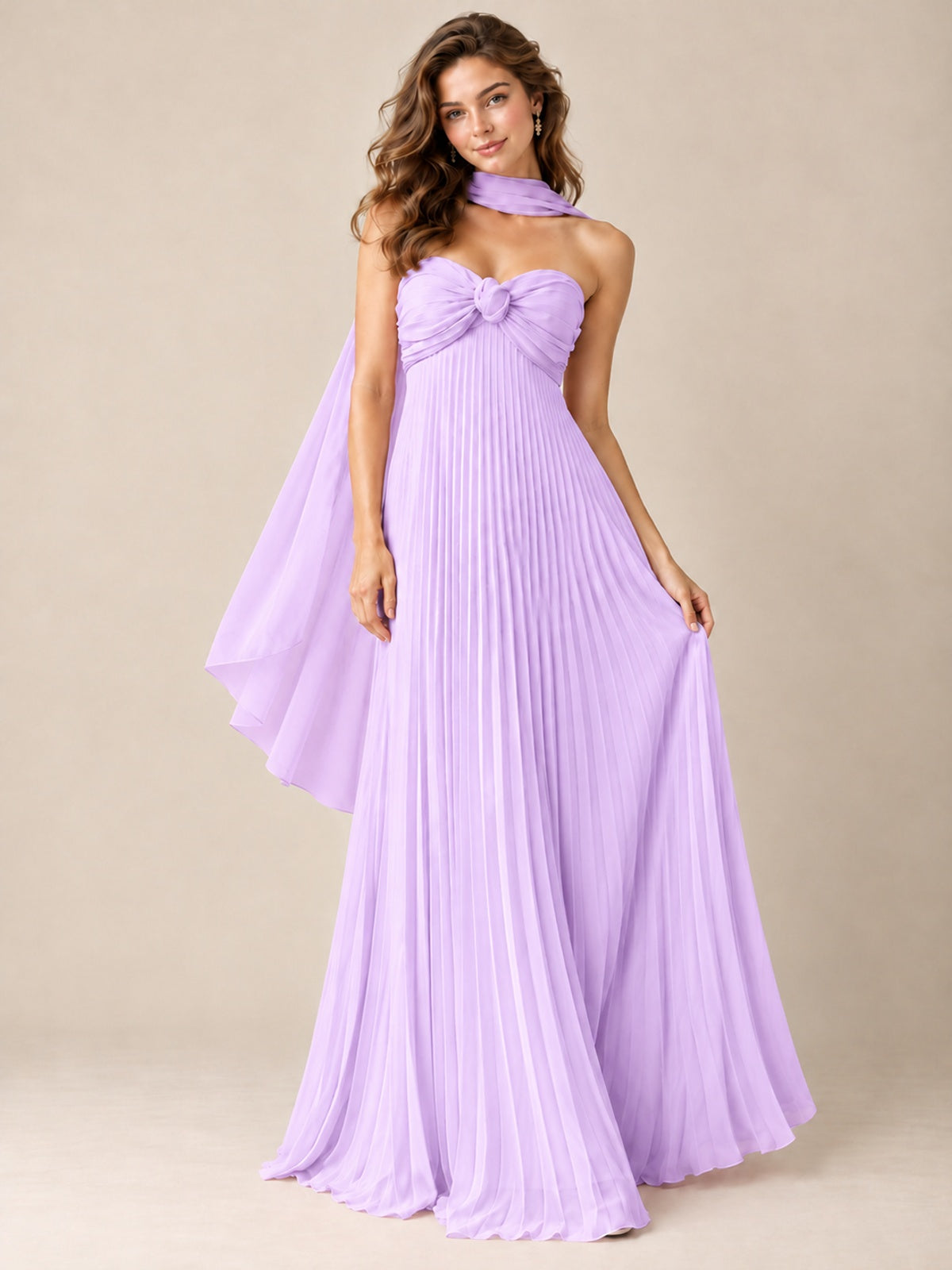 Sweetheart Neckline Pleated Prom Dress Strapless A-line Formal Dress with Flowy Scarf