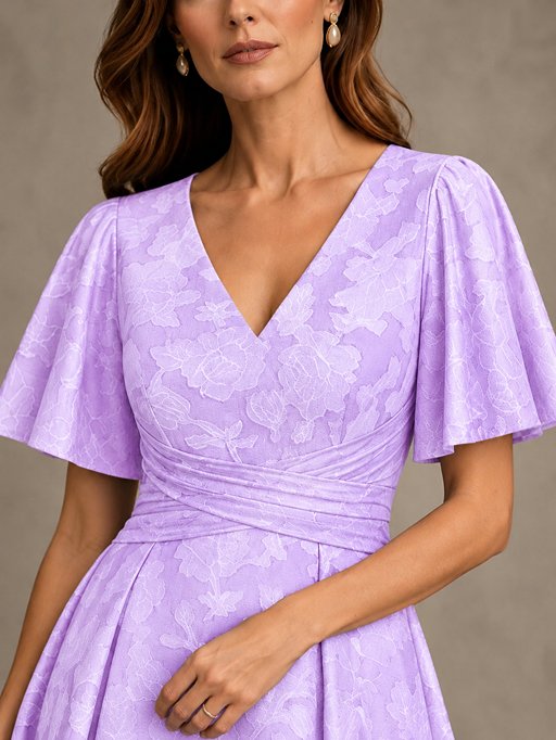 V-Neck Floral Jacquard Tea-Length Mother of the Bride Dress