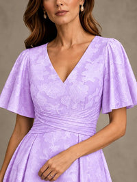 V-Neck Floral Jacquard Tea-Length Mother of the Bride Dress