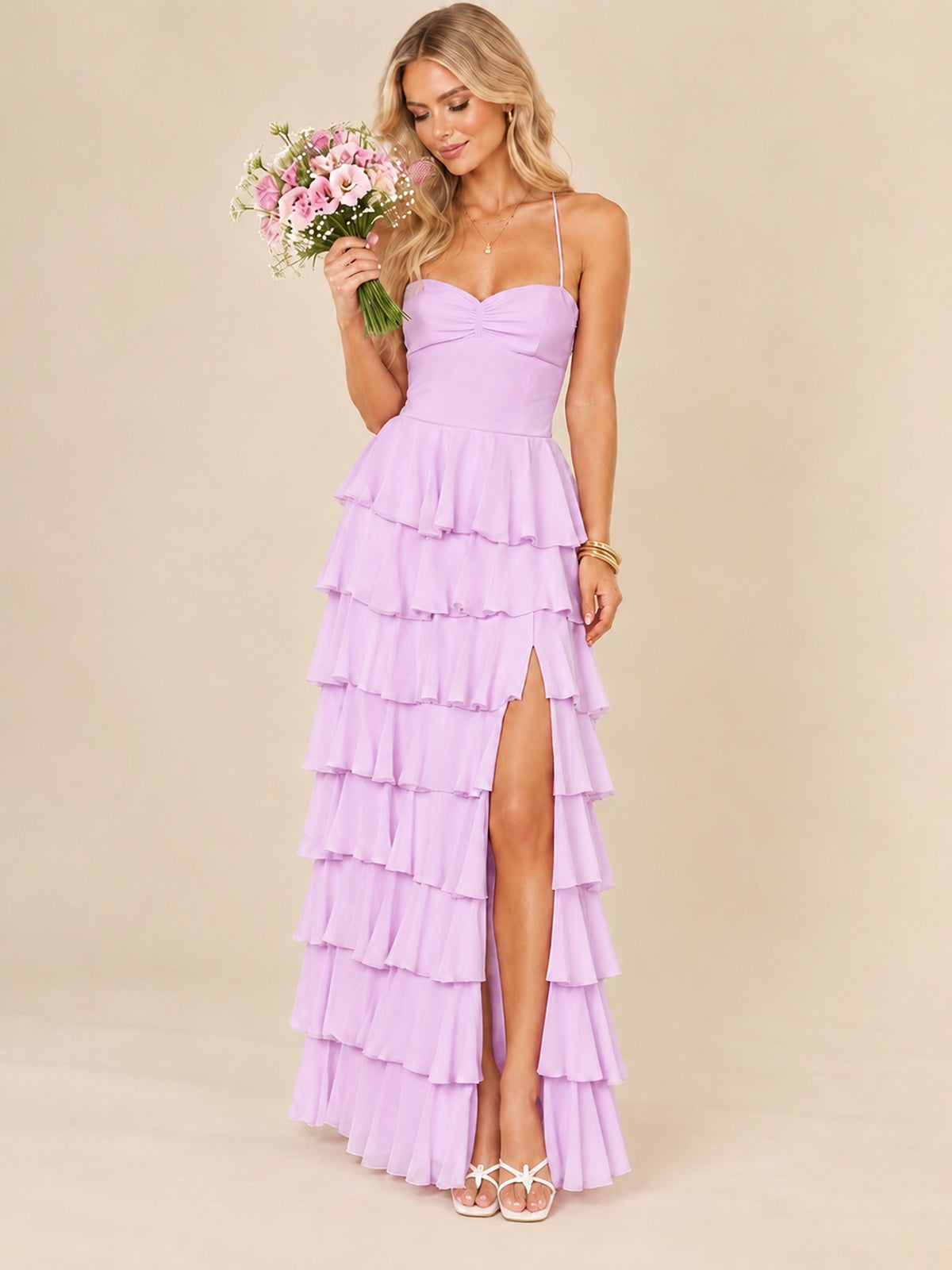 Ruffled Tiered Chiffon Prom Dress Spaghetti Straps Formal Maxi Dress with Slit