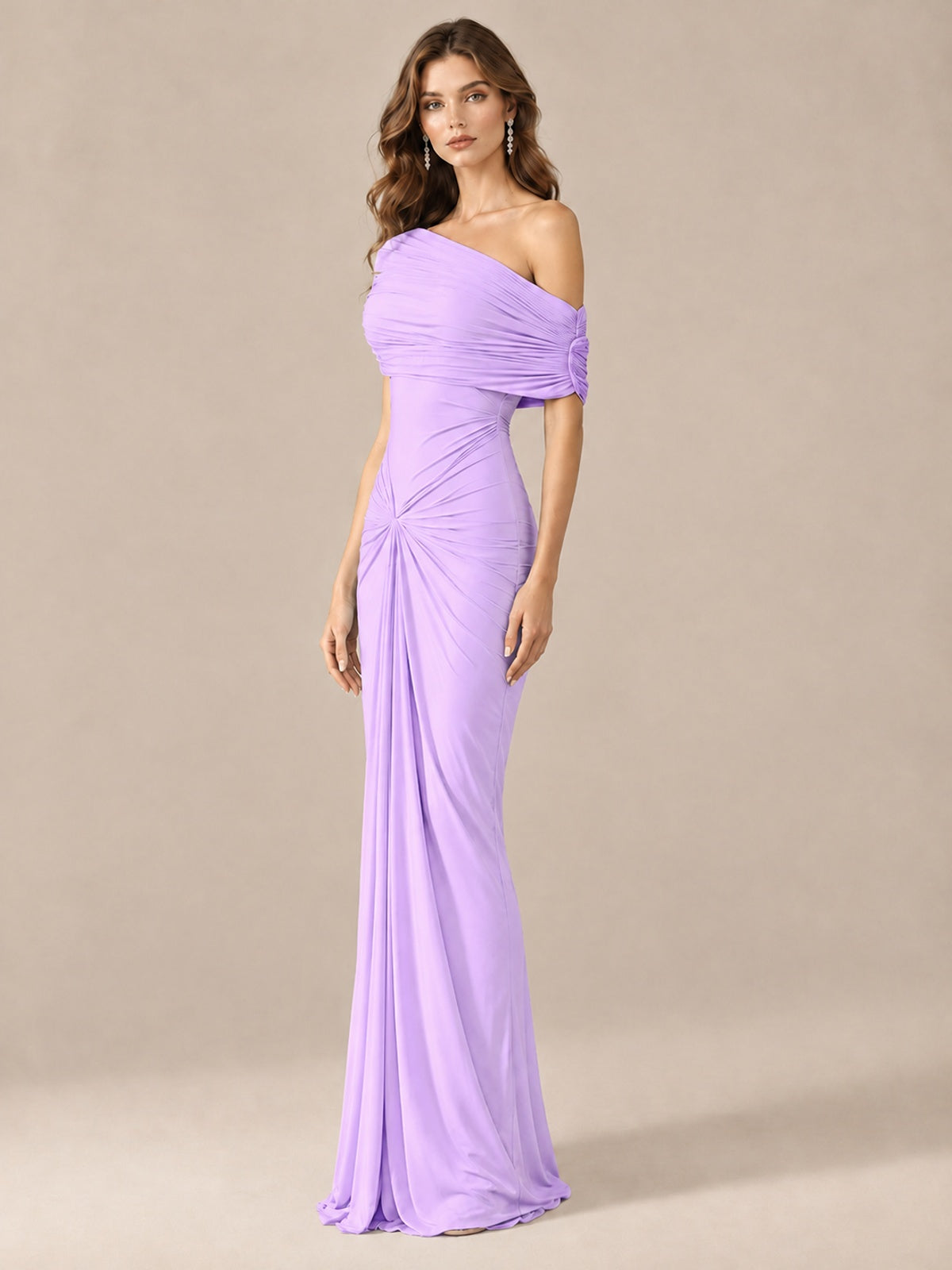 Elegant Draped Off Shoulder Ruched Mermaid Chiffon Formal Evening Gown
