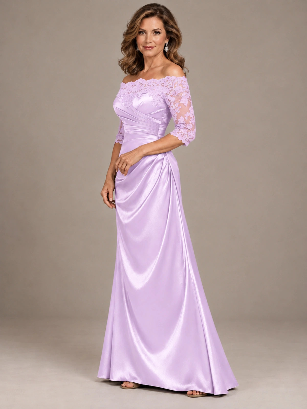Satin Mother of the Bride Dress with Lace Sleeves Off Shoulder Formal Gown