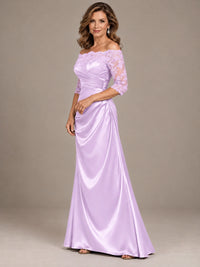 Satin Mother of the Bride Dress with Lace Sleeves Off Shoulder Formal Gown