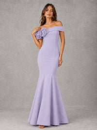 Blush Pink Off Shoulder Mermaid Bridesmaid Dress with Floral Rosette