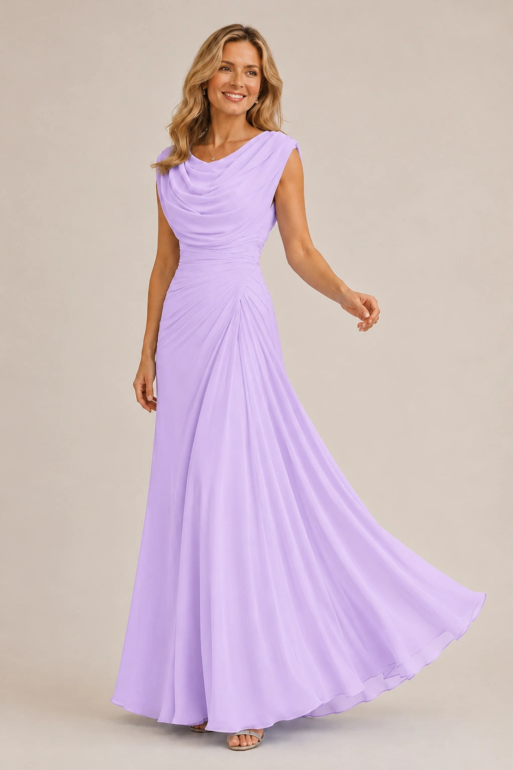 Cowl Neck Ruched Chiffon Mother of the Bride Dress