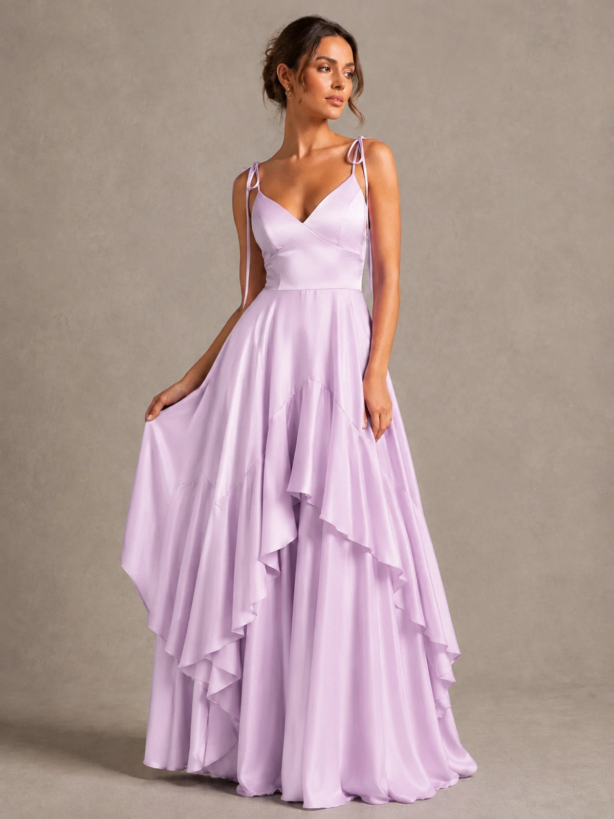 Lavender Satin V-Neck Ruffle Maxi Dress