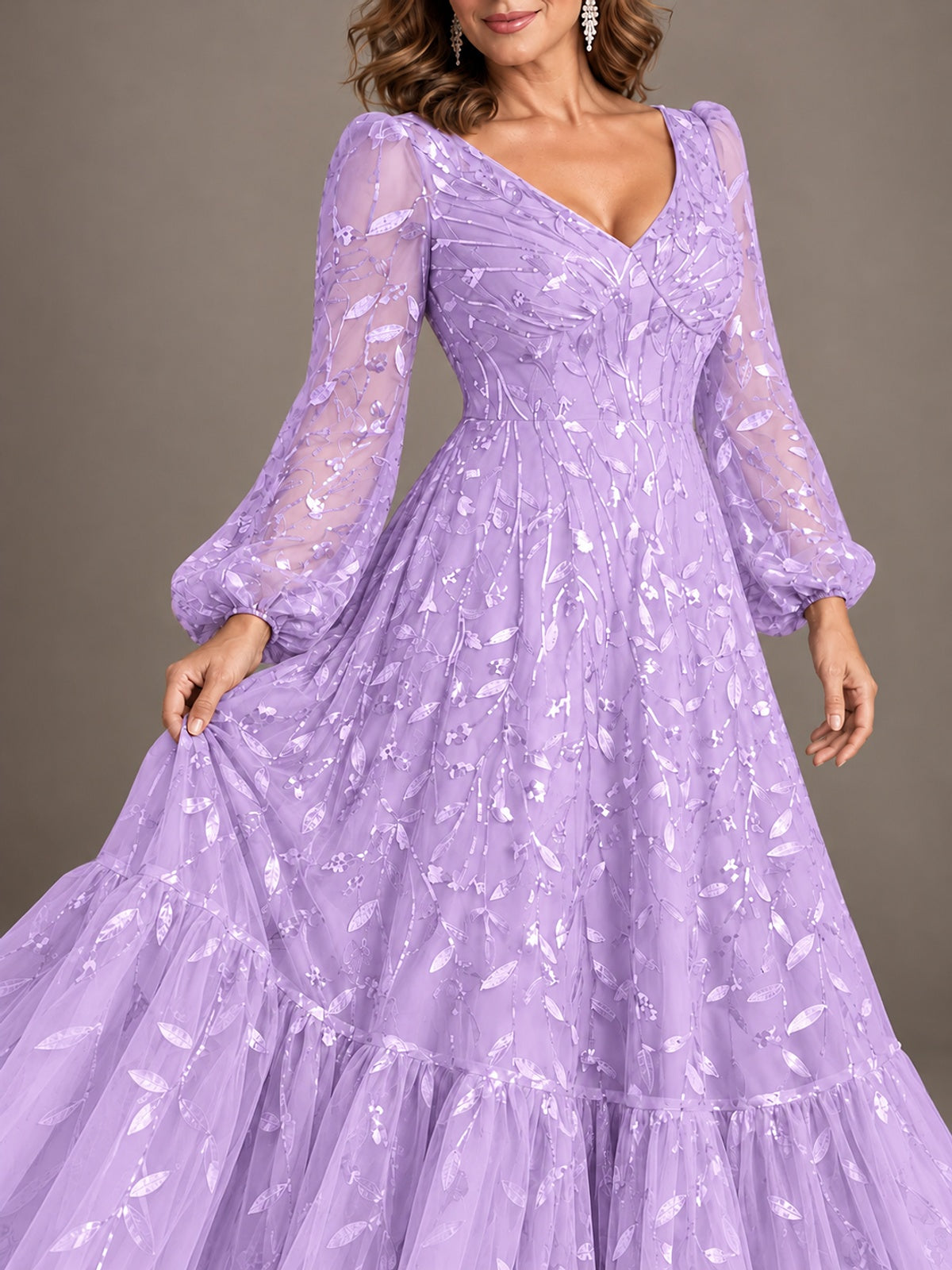 Floral Sequin Embroidered A-Line Mother of the Bride Dress with Long Sleeves