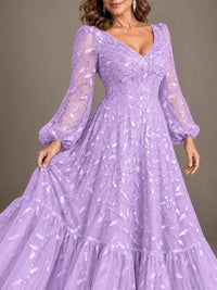 Floral Sequin Embroidered A-Line Mother of the Bride Dress with Long Sleeves