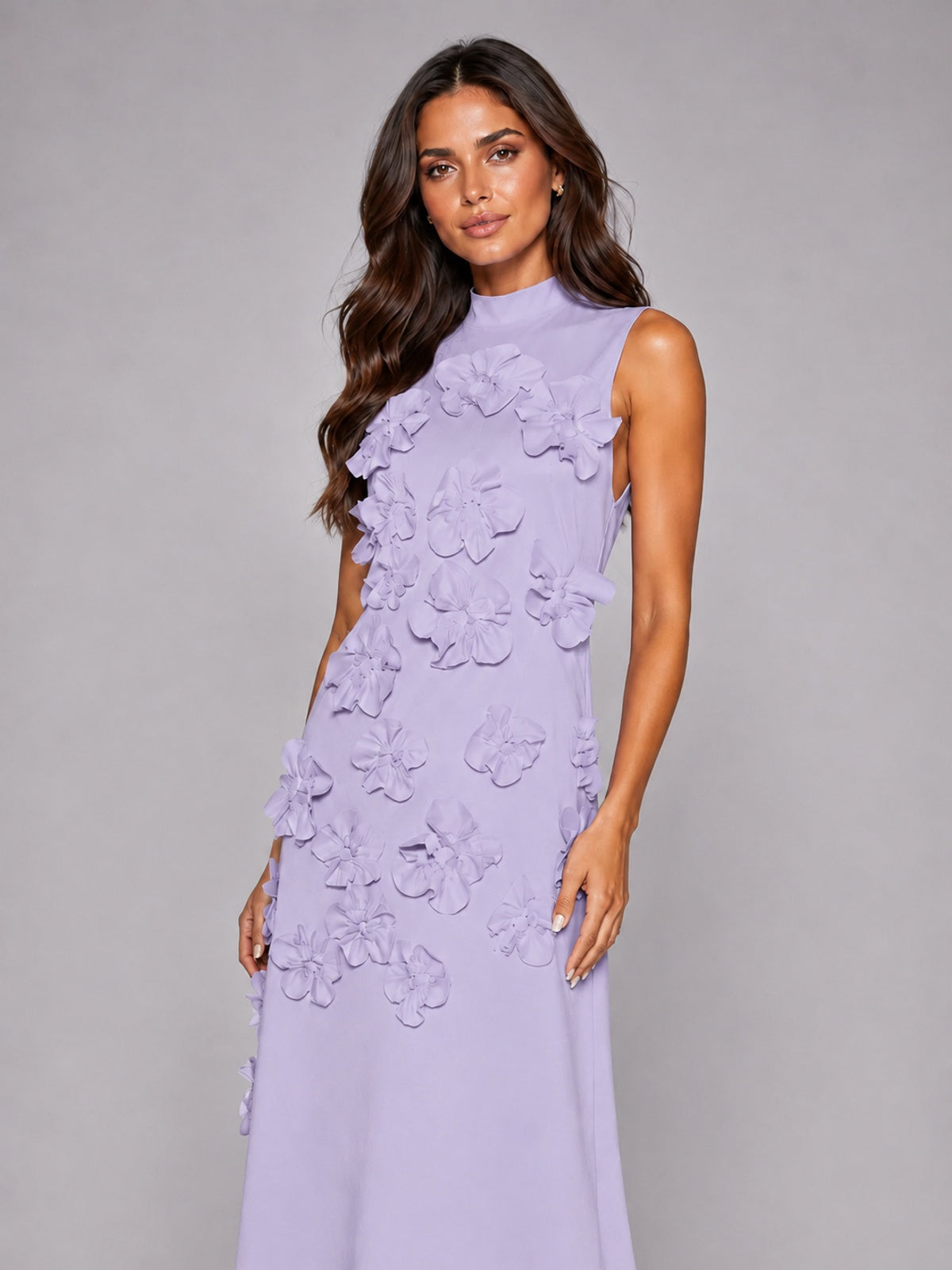 3D Floral Applique High Neck Prom Maxi Dress