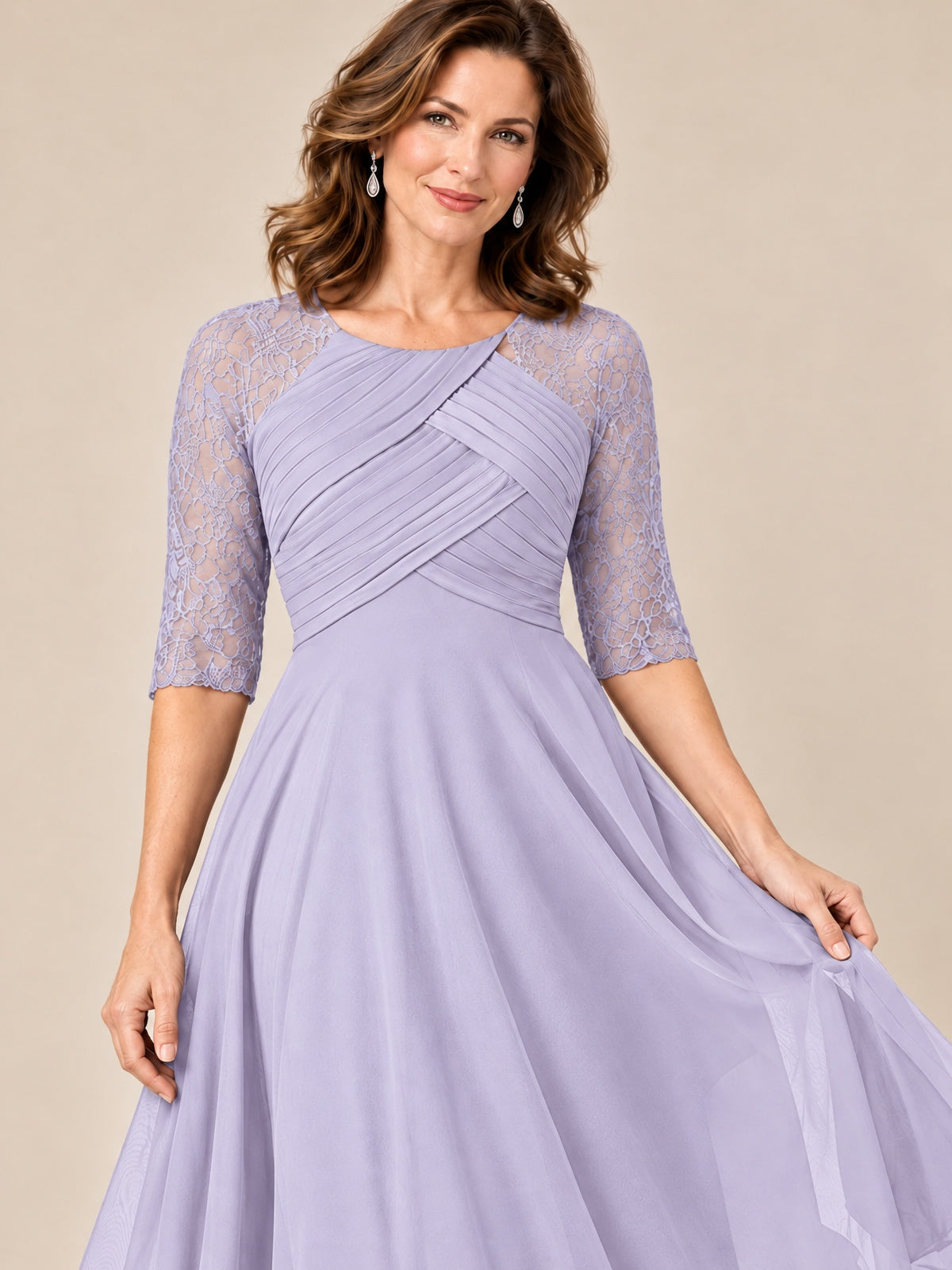 Tea-Length Mother of the Bride Dress with Lace 3/4 Sleeves