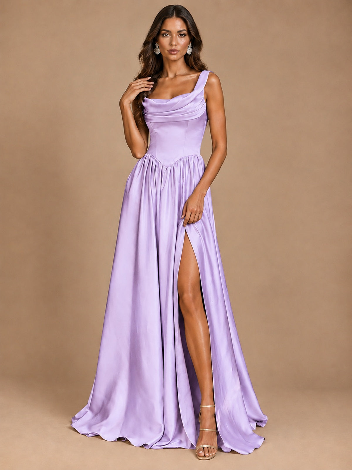 Cowl Neck Pleated Satin Prom Dress with Pockets & Slit Maxi Formal Gowns