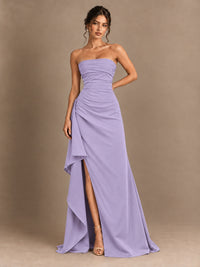 Black and White Strapless Ruched Prom Dress with High Slit & Side Drape