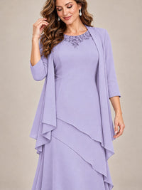 Dusty Blue Two-Piece Chiffon Mother of the Bride Dress with Jacket