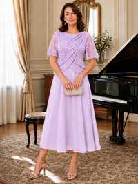 Tea-Length Chiffon Mother of the Bride Dress with Sequin Lace Sleeves