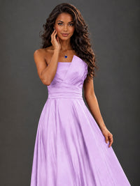 Draped Satin Prom Dress Strapless A-line Formal Dress Floor Length