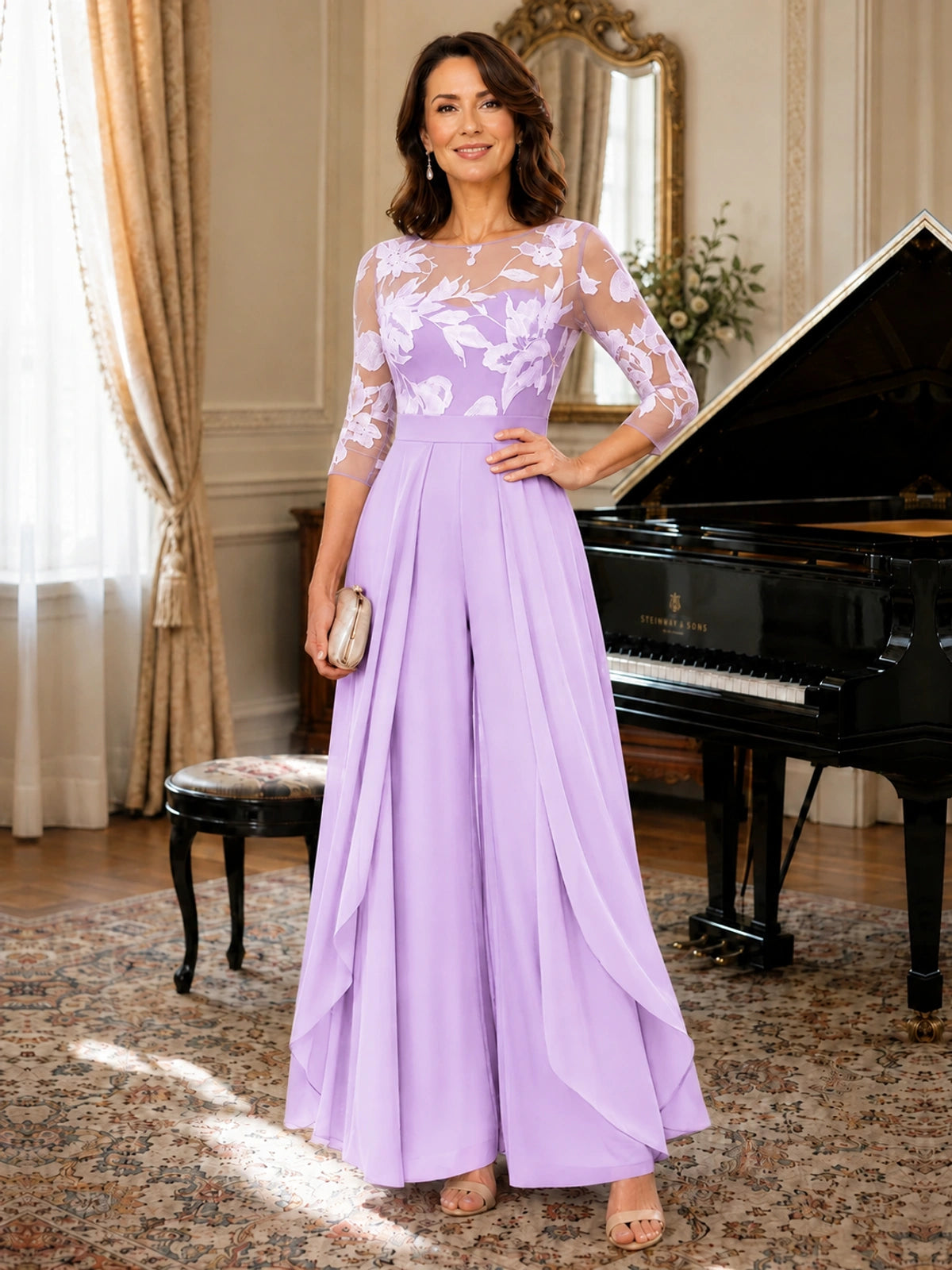 Lace Applique Wide-Leg Chiffon Mother of the Bride Jumpsuit