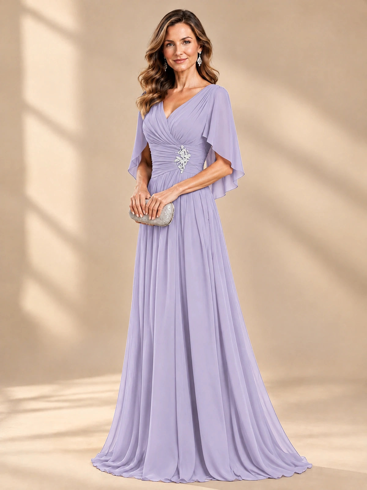 Ruched V Neck Mother of The Bride Dresses with Shawls Appliques and Cap Sleeves