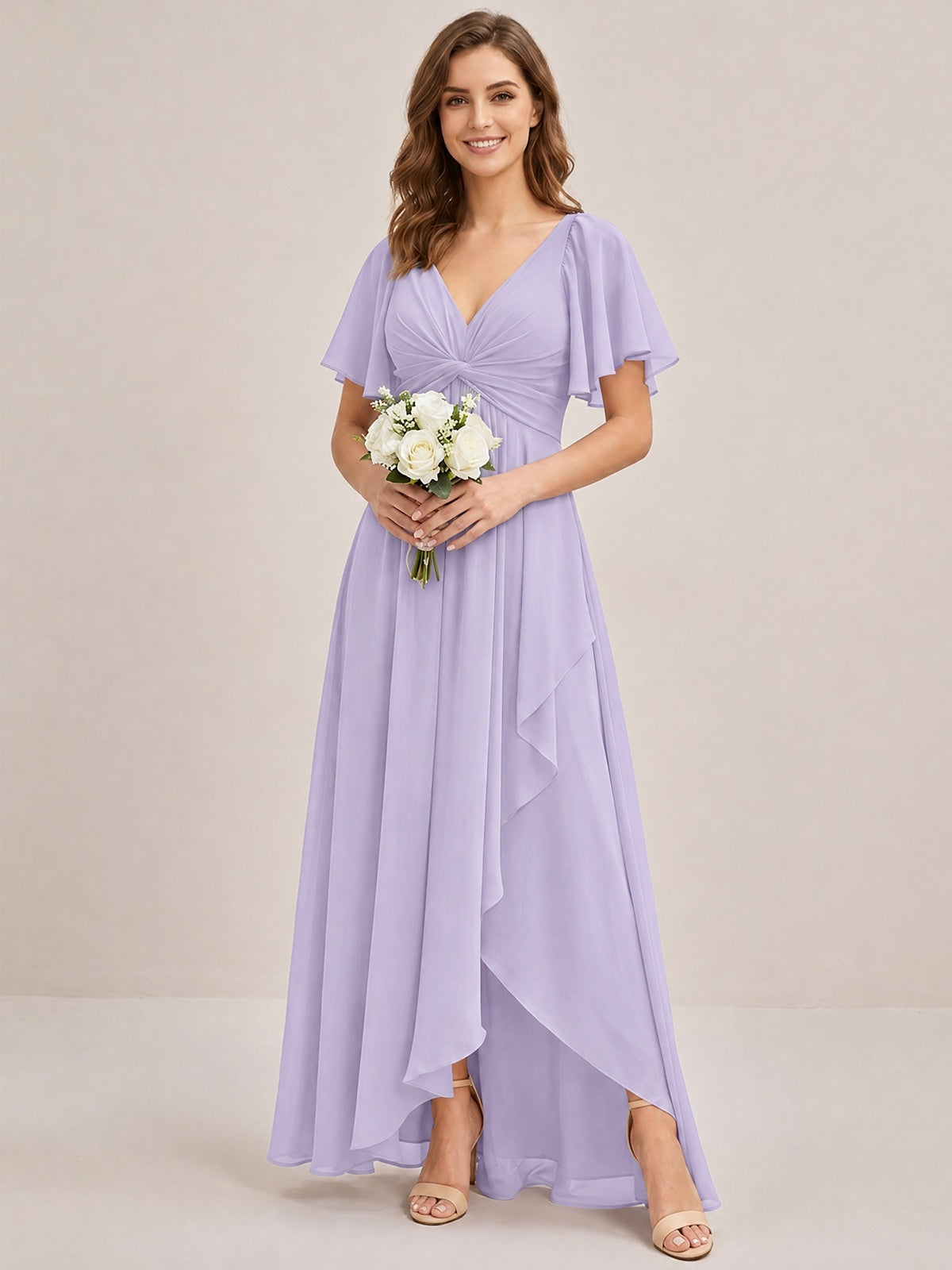 Dusty Blue Chiffon Bridesmaid Dress with Flutter Sleeves & High-Low Hem