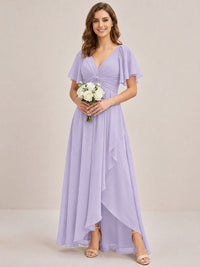 Dusty Blue Chiffon Bridesmaid Dress with Flutter Sleeves & High-Low Hem