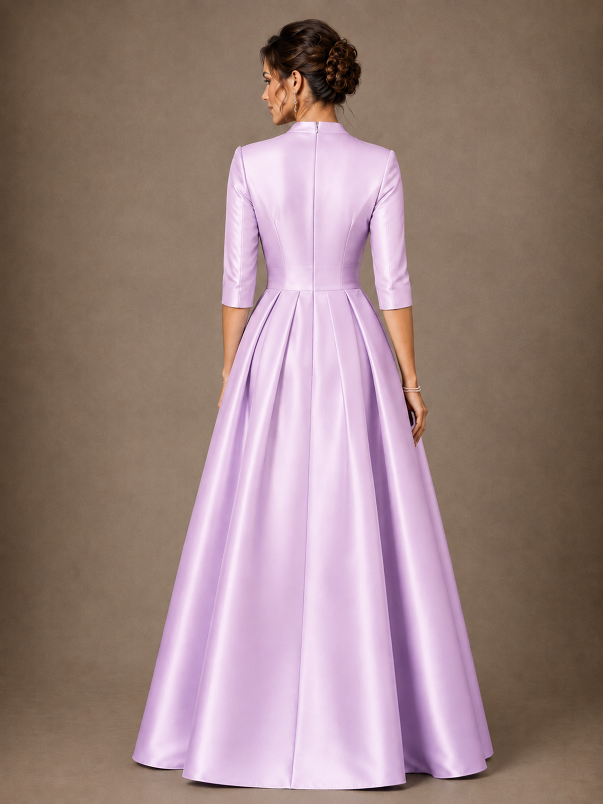 V-Neck Pleated Satin Mother of the Bride Gown with 3/4 Sleeves