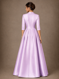V-Neck Pleated Satin Mother of the Bride Gown with 3/4 Sleeves