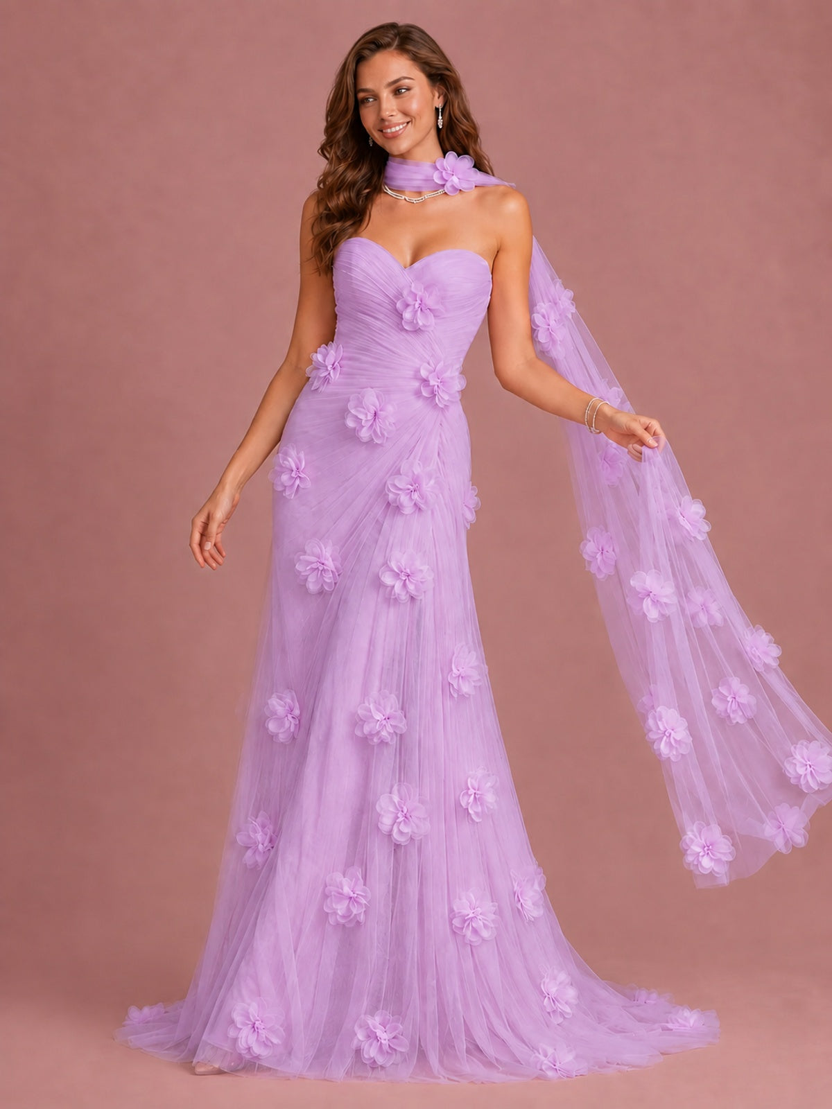 Blush Pink Strapless Sweetheart 3D Floral Tulle Mermaid Prom Dress